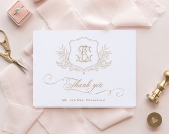 Genevieve wedding thank you cards with monogram, elegant wedding thank you notes, folded thank you cards with photo, custom thank you