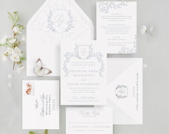 Wedding invitation suite Delphine, letterpress wedding invitations with botanical crest, elegant wedding invitation cards with RSVP