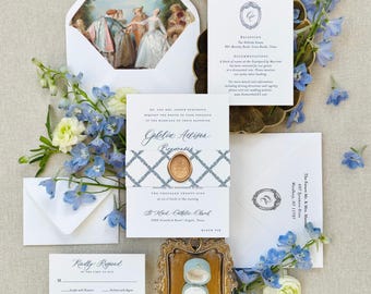 Luxury wedding invitation suite, letterpress wedding invitations with vellum jacket, crest monogram, elegant wedding invites Ophelia