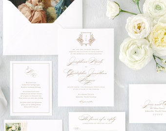 Josephine Suite elegant wedding invitations with wedding crest and custom monogram, digital, foil or letterpress wedding invitation cards