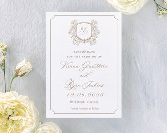 Vivian letterpress save the dates, printed save the date cards with photo, gold foil save the dates, elegant wedding announcements, classic