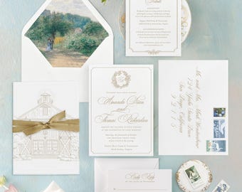 Frances Suite elegant wedding invitations with botanical crest and custom monogram, letterpress wedding invitations classy invites sample