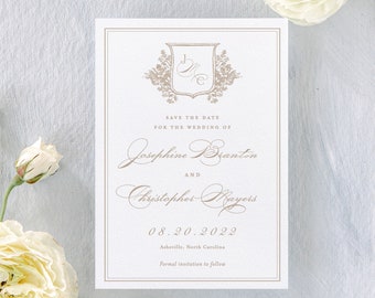 Josephine letterpress save the dates, printed save the date cards with photo, gold foil save the dates, elegant wedding announcements