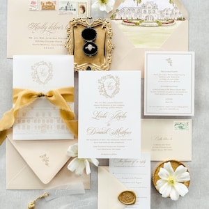 Letterpress wedding invitations, Wedding Invitation Suite Chloe, Custom Wedding Invitations, Gold Foil Invitations for Black Tie wedding
