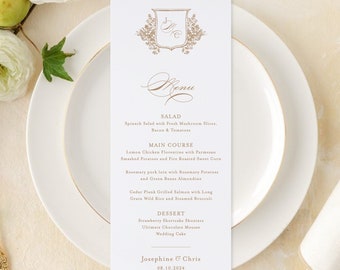 Josephine wedding menu cards with name tags, printed wedding menus with place cards, elegant reception dinner menu cards with wax seal