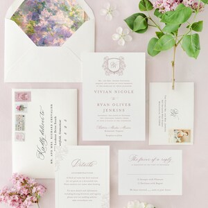 Vivian Suite elegant wedding invitations with wedding crest and custom monogram, classic wedding invitation cards traditional wedding