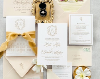 Letterpress wedding invitations, Wedding Invitation Suite Chloe, Custom Wedding Invitations, Gold Foil Invitations for Black Tie wedding