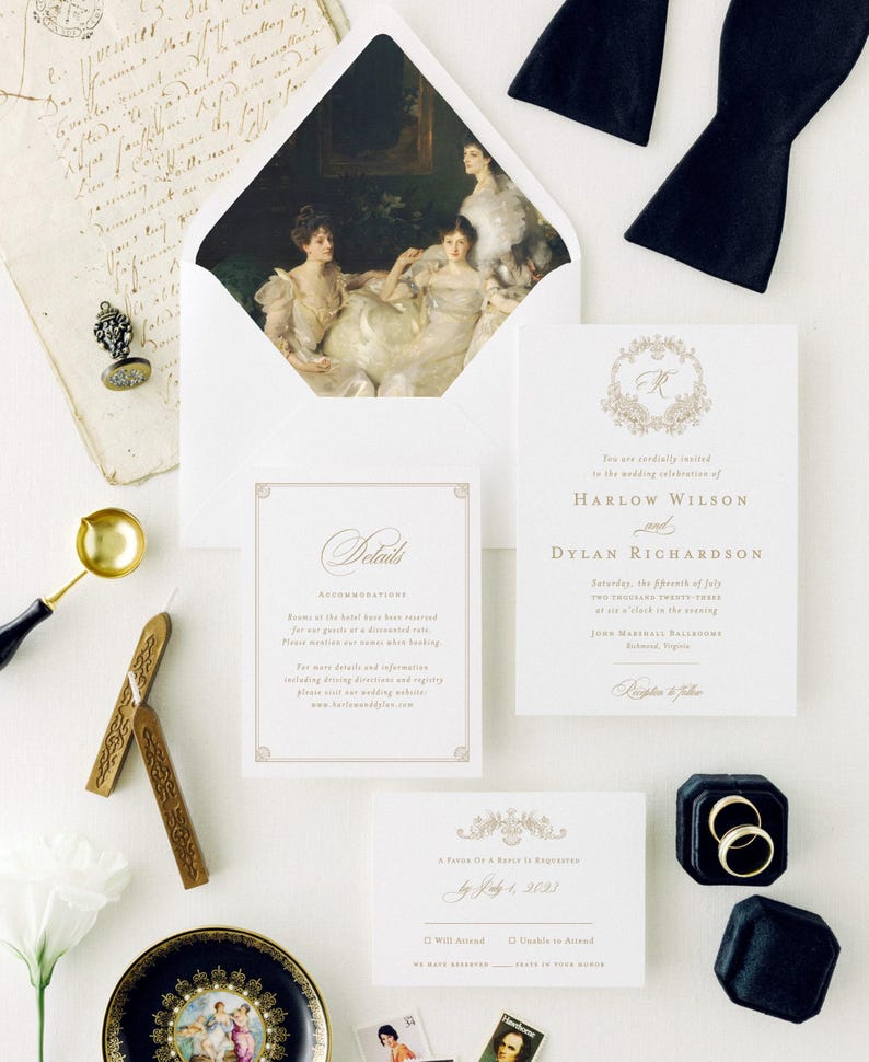 Harlow elegant wedding invitations with botanical crest and custom monogram, letterpress wedding invitations classy invitation cards suite image 5
