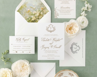 Charlotte letterpress wedding invitations with wedding crest and custom monogram, elegant wedding invitation cards with RSVP cards custom