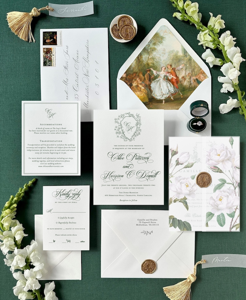 Letterpress wedding invitations, Wedding Invitation Suite Chloe, Custom Wedding Invitations, Gold Foil Invitations for Black Tie wedding image 6