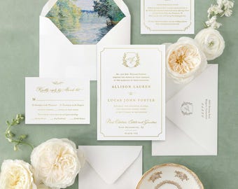 Letterpress wedding invitations, Wedding Invitation Suite Allison, wedding invitation cards with crest and custom monogram, gold foil