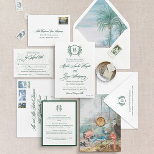 Elegant wedding invitations for tropical wedding, Ariel letterpress wedding invitation suite, tropical crest, beach wedding invitation cards