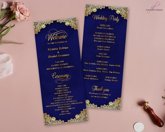 Gold And Navy Wedding Program Cards Custom Wedding Ceremony Etsy