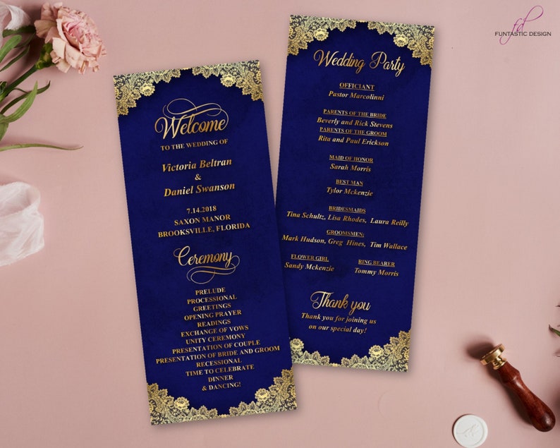 Gold And Navy Wedding Programs Printed Or Printable Wedding Etsy