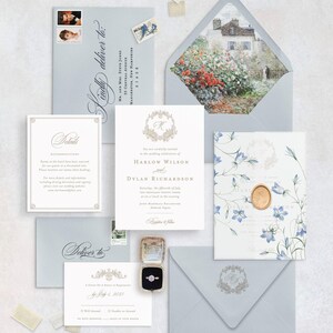 Harlow elegant wedding invitations with botanical crest and custom monogram, letterpress wedding invitations classy invitation cards suite image 6