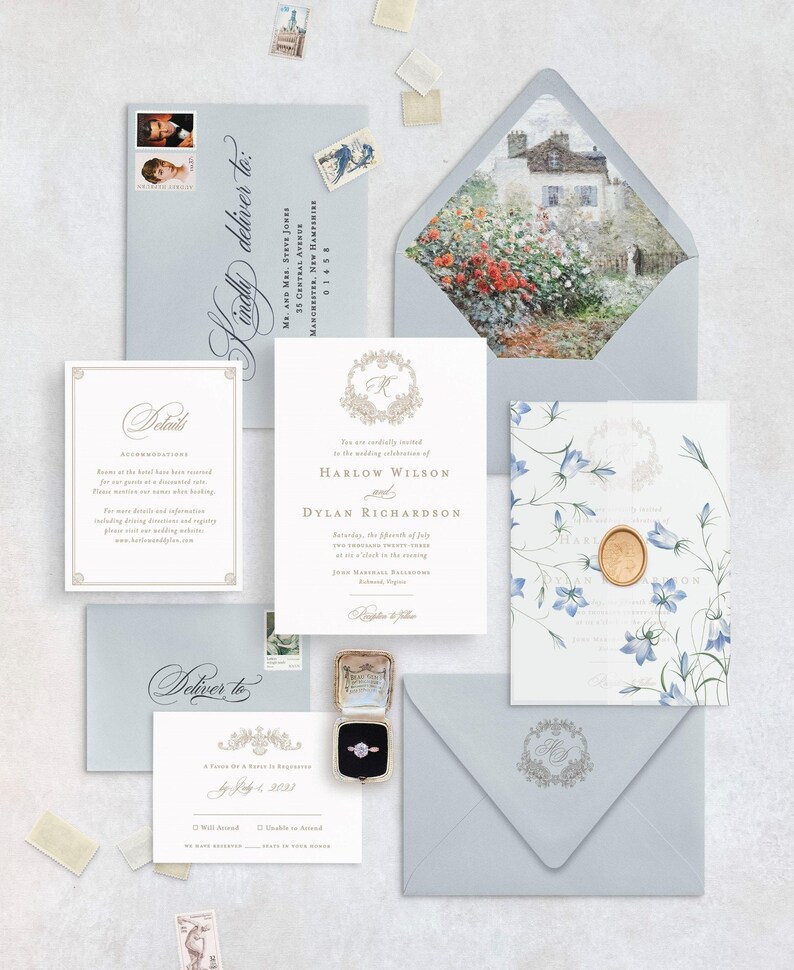 Harlow elegant wedding invitations with botanical crest and custom monogram, letterpress wedding invitations classy invitation cards suite image 6