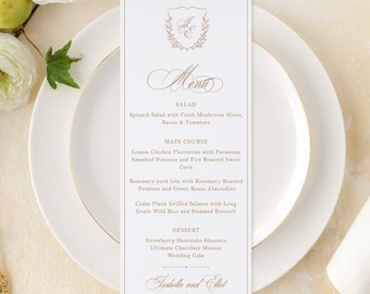Isabella wedding menu cards with place cards, elegant wedding menus with name tags, printed wedding dinner menu cards with wax seal