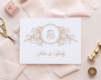 Julia wedding thank you cards, elegant wedding thank you notes with monogram, folded thank you cards with photo, crest thank you cards