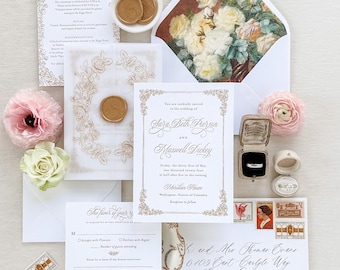 Abigail letterpress wedding invitation suite, elegant wedding invitations with botanical crest, classy wedding invitations gold foil