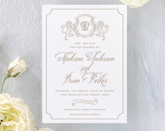 Royal Lion letterpress save the dates, printed save the date cards with photo, gold foil save the dates, elegant wedding announcements