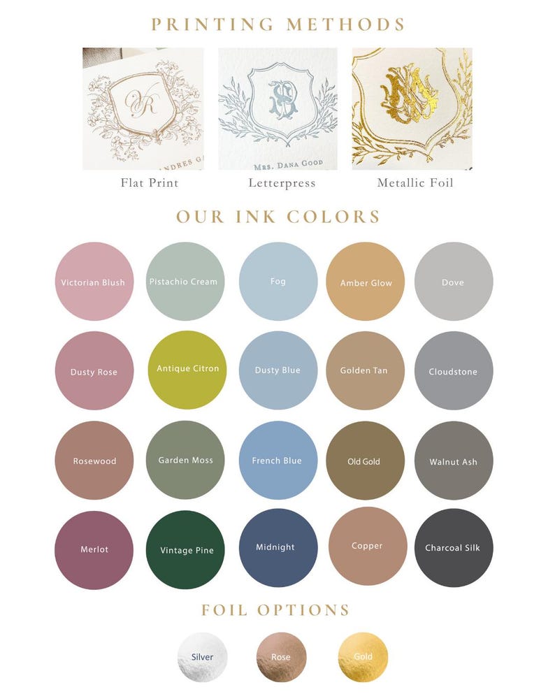 a collection of various printing methods and ink colors, as well as options for foiling.
