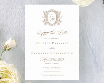Letterpress save the dates Celeste, printed save the date cards with photo, gold foil save the dates, elegant wedding announcements, classic