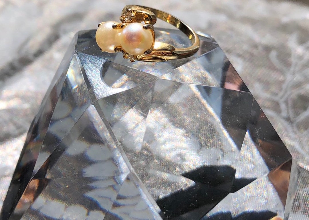 Vintage Gold Toned Pearl and Diamond Ring Costume Jewelry Size Etsy