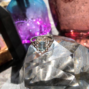 Vintage Sterling Floral Silver Oval Aquamarine Ring Size 7