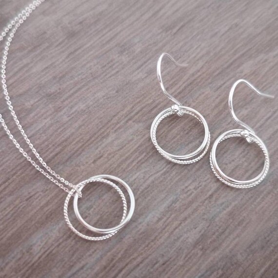 Sterling Silver Necklace and Earrings Set – Double Circle Pendant & Matching Dangle Earrings