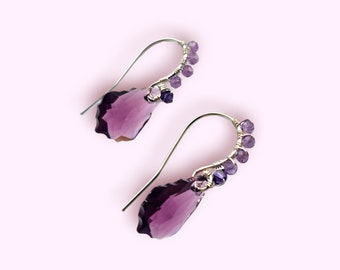 Purple crystal drop earrings Sterling silver eco-friendly silver drop earrings