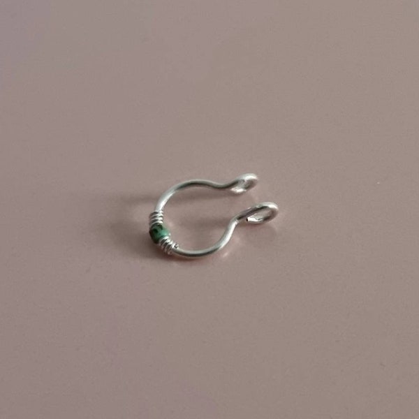 Fake Sterling silver snug septum ring - Beaded septum ring - Turquoise colour beaded septum ring - Fake septum ring