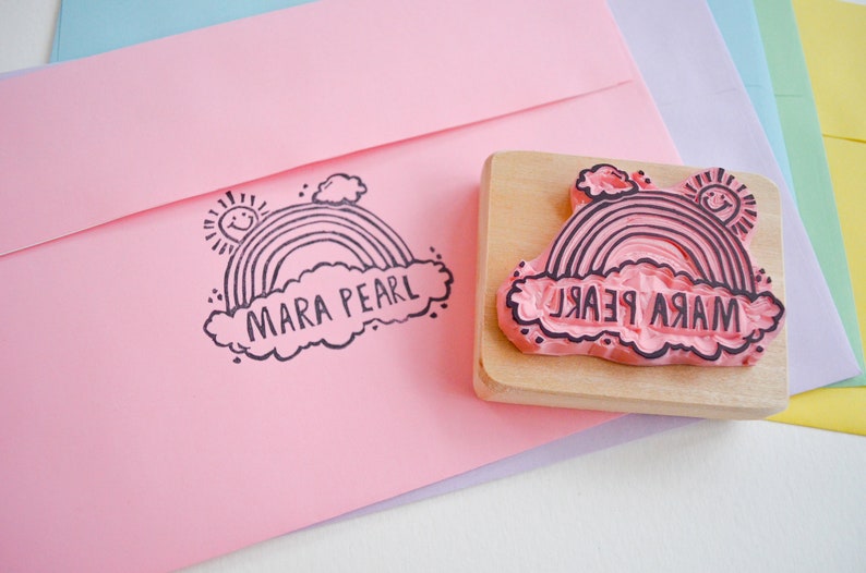 Custom Rainbow Book Stamp Nameplate Hand Carved Mounted on Reclaimed Wood Custom Stamp Rainbow Bookplate Latex free Rubber
