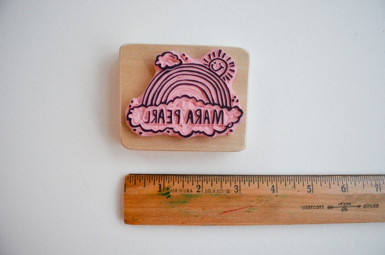 Custom Rainbow Book Stamp Nameplate Hand Carved Mounted on Reclaimed Wood Custom Stamp Rainbow Bookplate Latex free Rubber