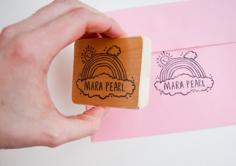 Custom Rainbow Book Stamp Nameplate Hand Carved Mounted on Reclaimed Wood Custom Stamp Rainbow Bookplate Latex free Rubber