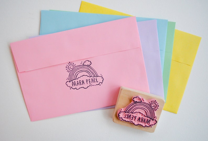Custom Rainbow Book Stamp Nameplate Hand Carved Mounted on Reclaimed Wood Custom Stamp Rainbow Bookplate Latex free Rubber