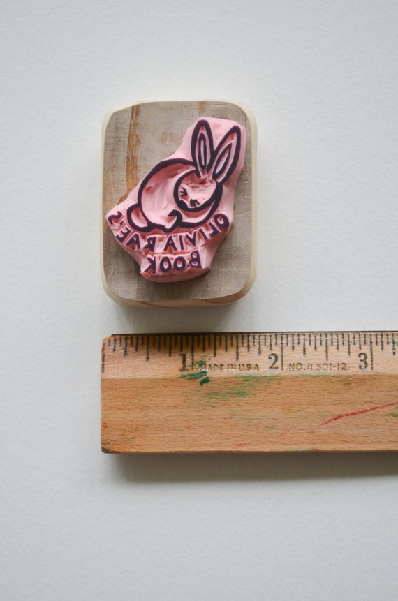 Custom Rainbow Book Stamp Nameplate Hand Carved Mounted on Reclaimed Wood Custom Stamp Rainbow Bookplate Latex free Rubber