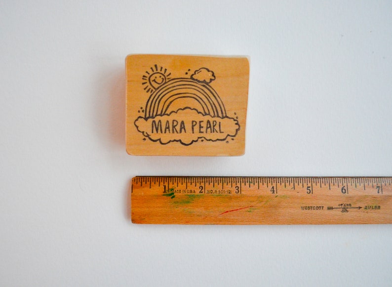 Custom Rainbow Book Stamp Nameplate Hand Carved Mounted on Reclaimed Wood Custom Stamp Rainbow Bookplate Latex free Rubber