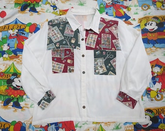 Vintage Sewing Print Themed Button Up Shirt Thin Large/XL Quilting