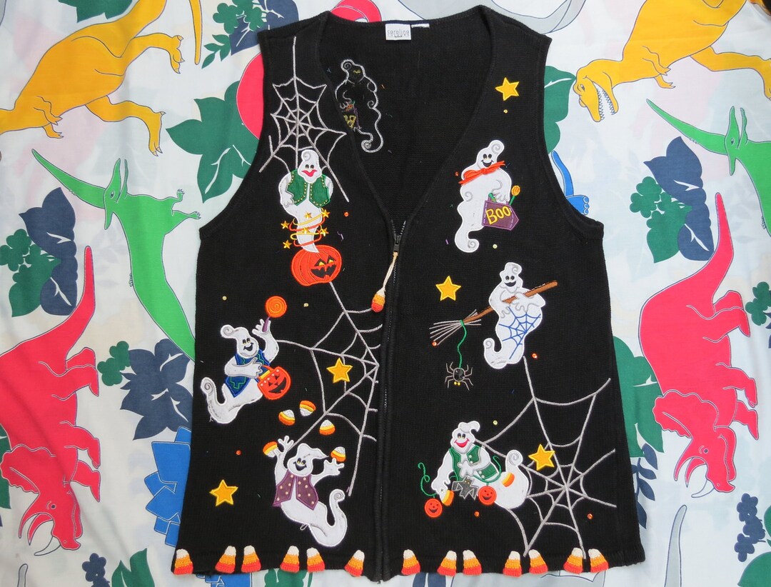 Halloween Sweater Vest Embroidered With Ghosts Pumpkins Spider Etsy