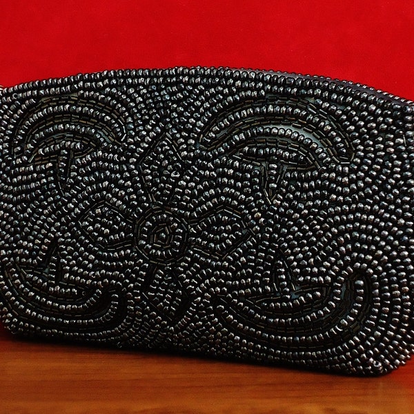 Black Beaded Bag By Debbie, Seed Beaded, Satin Lined, Clutch, Hand Made With Care, Mint Condition.