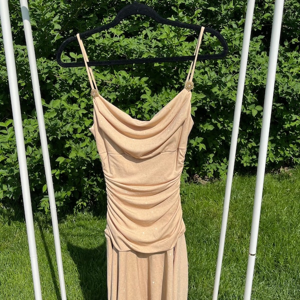 2000s goddess cowl neck beige dress