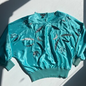 vintage 80s Suzelle unique aqua shiny sequined long sleeve top