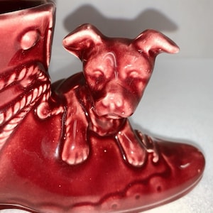 Vintage Raspberry Pink Shawnee USA Pottery Shoe Planter With Puppy 3.25" x 7.50"