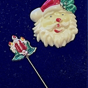 Lot of 2 PinsVTG Christmas 3 Red Candles Stick Pin and Santa Jewelry Plastic GUC