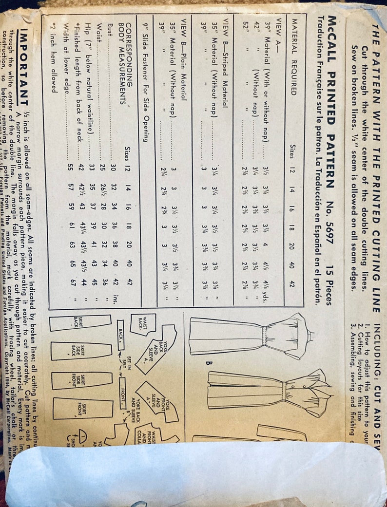 1950s 1940s Vintage Dress Sewing Pattern Mccall 5697 Size 14 B32 Etsy