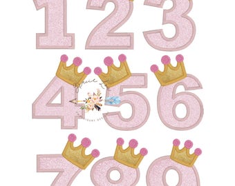 crown appliqué number set, First birthday embroidery design, princess birthday party, princess crown embroidery design, number one appliqué,