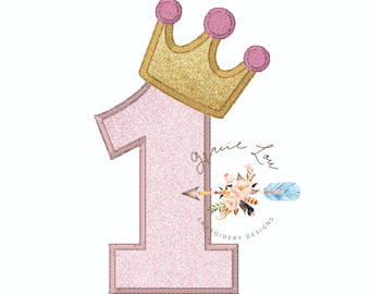 First birthday embroidery design, #1 appliqué with crown, princess birthday party, princess crown embroidery design, number one appliqué,