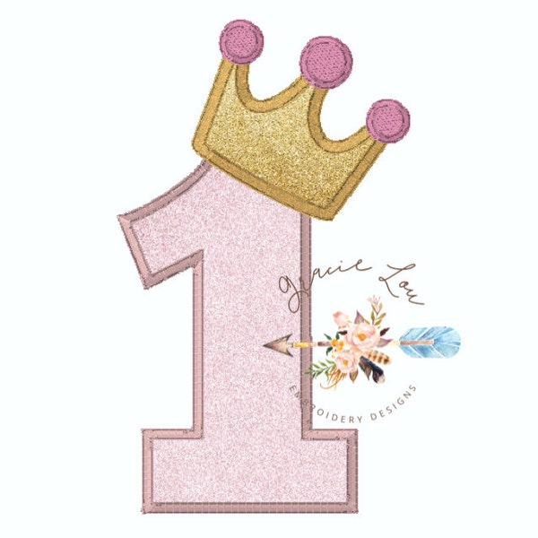 First birthday embroidery design, #1 appliqué with crown, princess birthday party, princess crown embroidery design, number one appliqué,