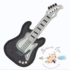 May include: Black and white embroidered design of an electric guitar. The design includes the text "Gracie Lou Embroidery Designs".