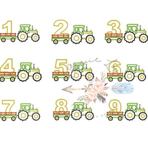 May include: A set of nine green and yellow tractor illustrations with numbers 1 through 9. Each tractor is pulling a wagon with a number on the side. The tractors are on a white background.